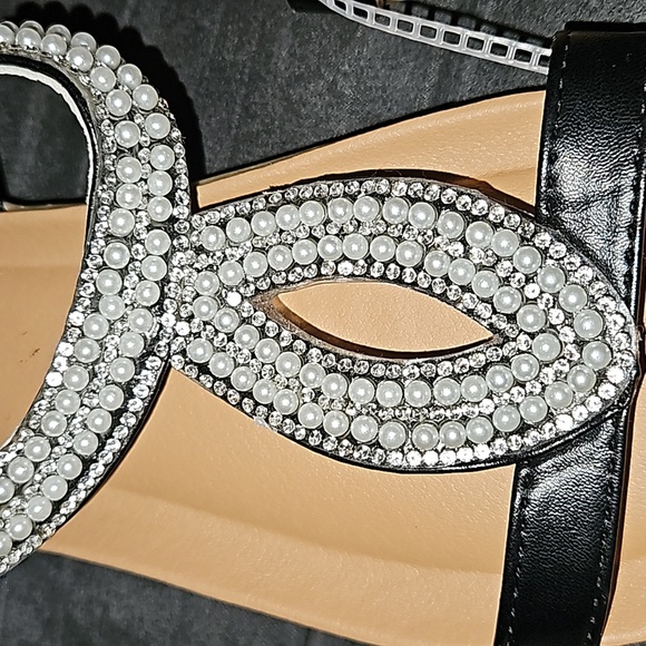 Karyn's Collection Womens Black Stretch Slip-on White Gems Pearls Sandal Size 7 - Picture 9 of 9